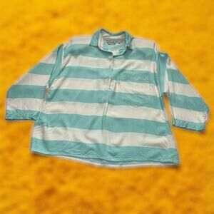 Vintage Details Blue & White Striped Rayon Top Size Small Long Sleeve 3/4 Button